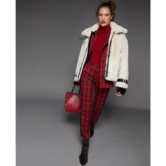 EUC Maje Red Pantya Velvet Piped Plaid Pants Tartan Cropped Check Slim Trouser - Picture 4 of 16